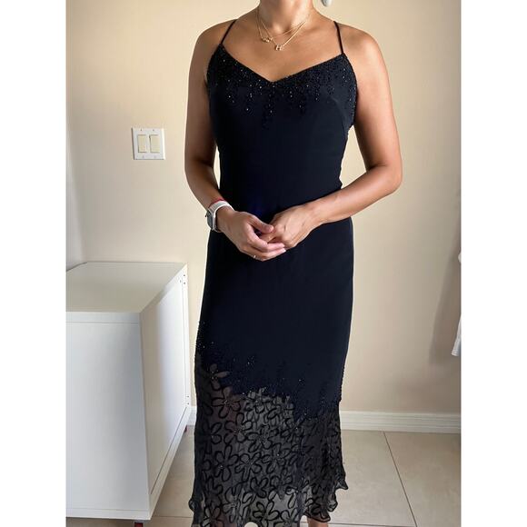 Cache Black Lace Beaded Crisscross Back Evening Formal Mermaid Dress Size 2 - Picture 13 of 15